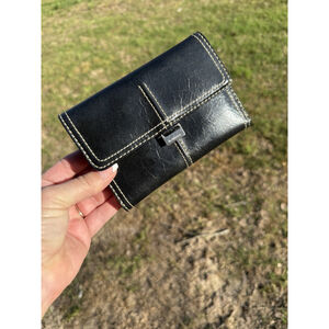 Vintage Liz Claiborne Black Faux Leather Tri-Fold Wallet Credit Cards Coins GUC